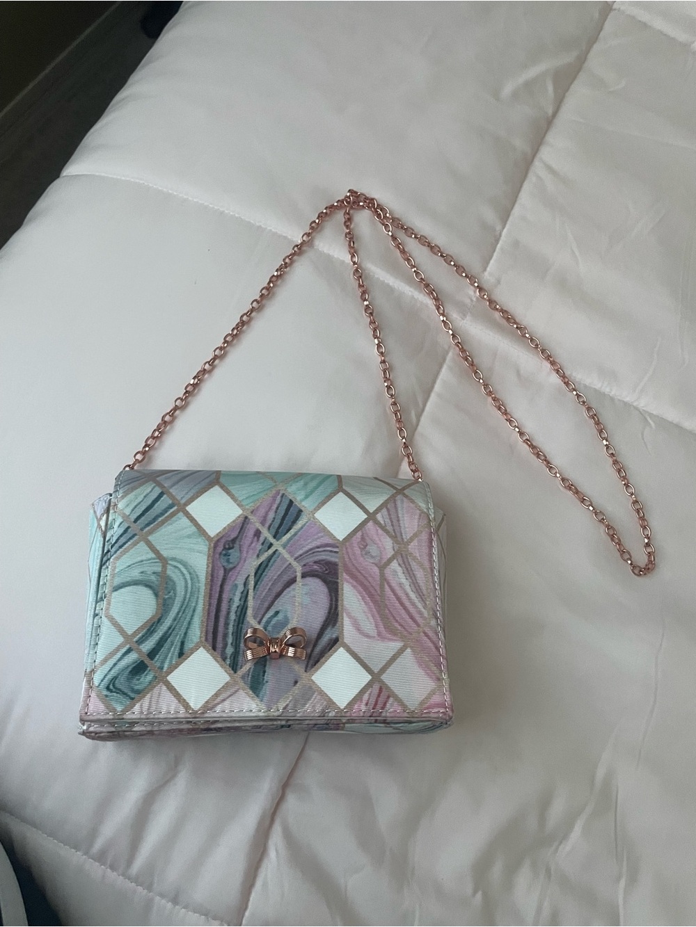 Ted Baker London Pastel Marble Crossbody Bag with Rose Gold Chain & Bow